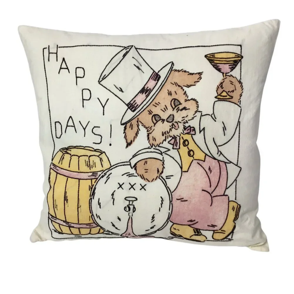 Embroidered Pillow Happy Days Prohibition Whiskey Barrel Martini Dog Top Hat